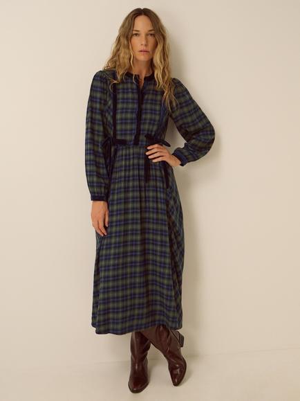 Monsoon Bella Long Sleeve Velvet Check Print Midi Dress, Navy, Navy