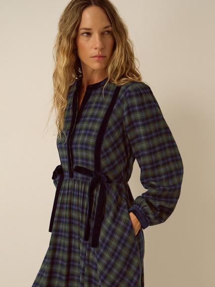 Monsoon Bella Long Sleeve Velvet Check Print Midi Dress, Navy - view 2, Navy