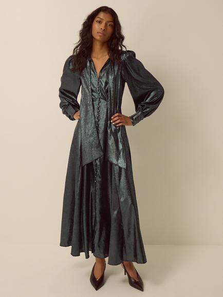 Monsoon Madelyn Metallic V-Neck Maxi Dress, Green, Green