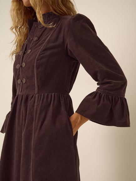 Monsoon Valerie Corduroy Midi Dress, Chocolate - view 2, Chocolate