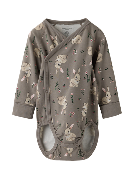 Polarn O. Pyret Baby Rabbit Print Wrap Bodysuit, Brown, Brown