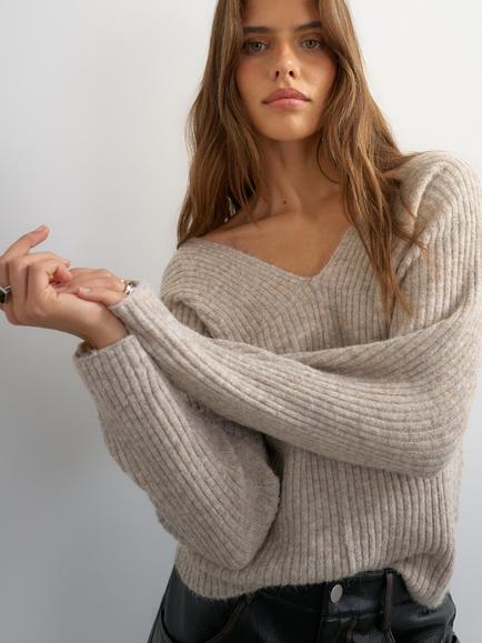 Topshop Slouchy Rib Knit V-Neck Jumper, Oatmeal, Oatmeal