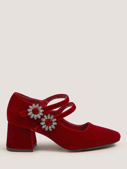 Monsoon Symone Velvet Mary Jane Block Heeled Shoes, Red, Red