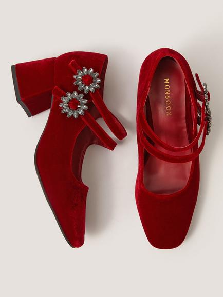 Monsoon Symone Velvet Mary Jane Block Heeled Shoes, Red - view 2, Red