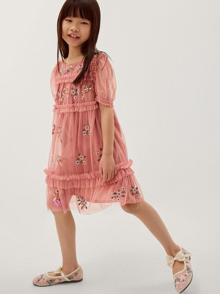 Monsoon Kids' Mon Cheri Puff Sleeve Embroidered Mesh Dress, Pink, Pink