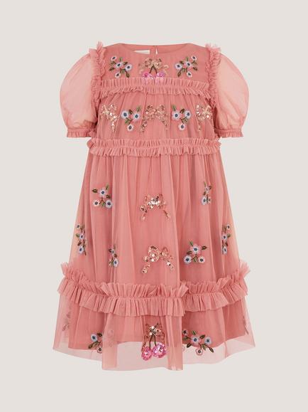 Monsoon Kids' Mon Cheri Puff Sleeve Embroidered Mesh Dress, Pink - view 2, Pink