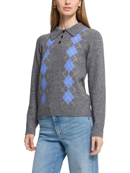 ICHI IhDasila Argyle Polo Collar Jumper, Dark Grey Melange/Multi, Dark Grey Melange/Multi