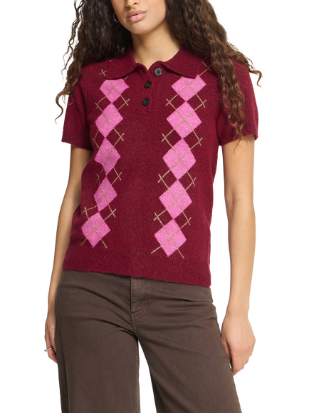 ICHI Ihdasila Heritage Argyle Polo Knit Short Sleeve Pullover, Red, Red