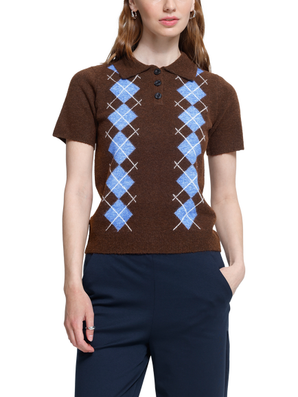 ICHI IhDasila Argyle Polo Short Sleeve Jumper, Chicory Coffee/Multi, Chicory Coffee/Multi