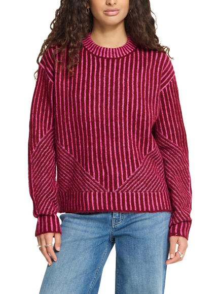 ICHI Ihkamara Knitted Stripe Crew Neck Jumper, Pink, Pink
