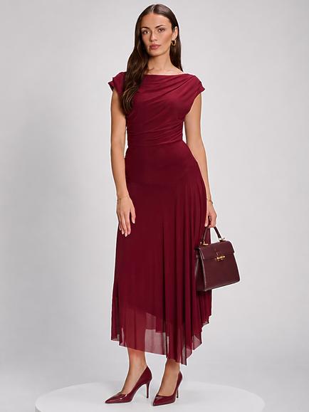Jolie Moi Cowl Neck Asymmetrical Dress, Red