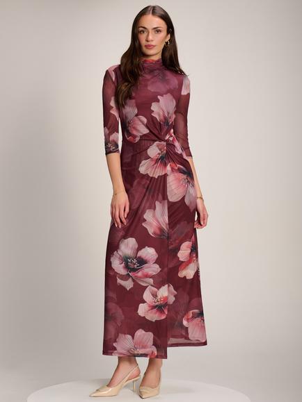 Jolie Moi Floral Knot Detail Maxi Dress, Burgundy, Burgundy