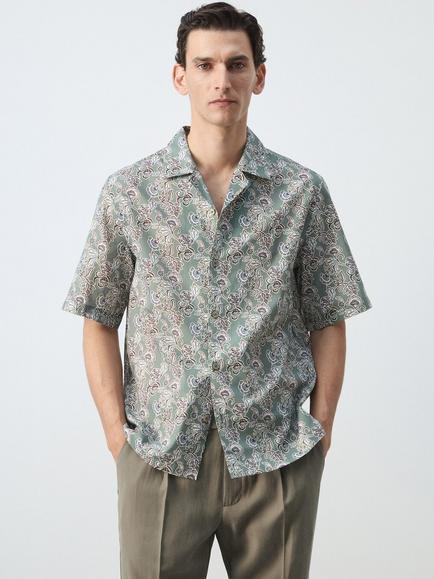 Mango Button Through Short Sleeve Cotton Shirt, Moss, Moss