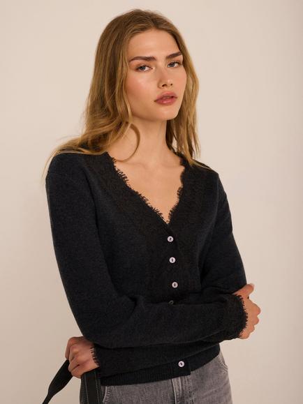 Mint Velvet Lace Trim Cardigan, Grey, Grey