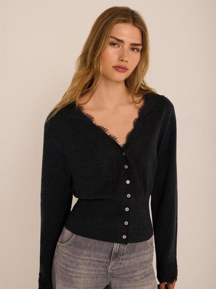 Mint Velvet Lace Trim Cardigan, Grey - view 2, Grey