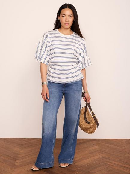 Mint Velvet Striped Cotton Ruched Waist T-Shirt, Blue/Multi, Blue/Multi