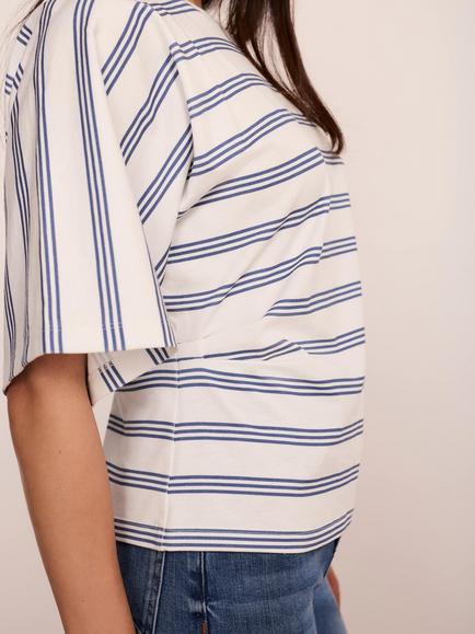 Mint Velvet Striped Cotton Ruched Waist T-Shirt, Blue/Multi - view 2, Blue/Multi