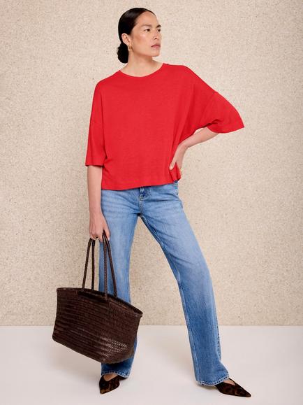 Mint Velvet Linen Blend Boxy T-Shirt, Red, Red