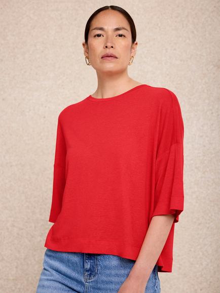 Mint Velvet Linen Blend Boxy T-Shirt, Red - view 2, Red