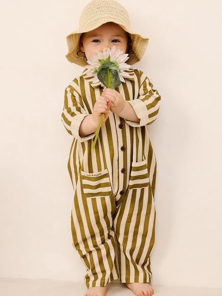 Oat & Marl Baby Wayfarer Stripe Boiler Suit, Olive/Cream, Olive/Cream