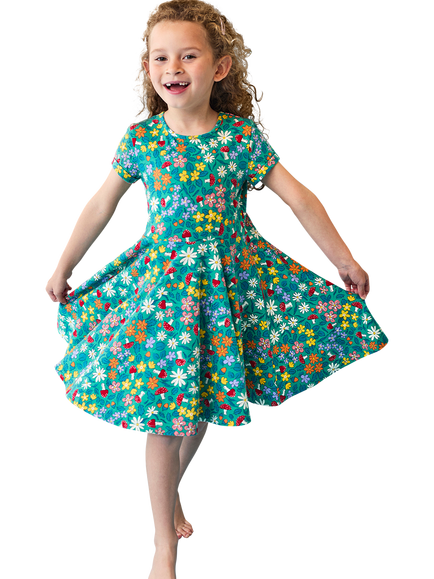 Frugi Kids' Spring Flower Skater Dress, Multi - view 2, Multi