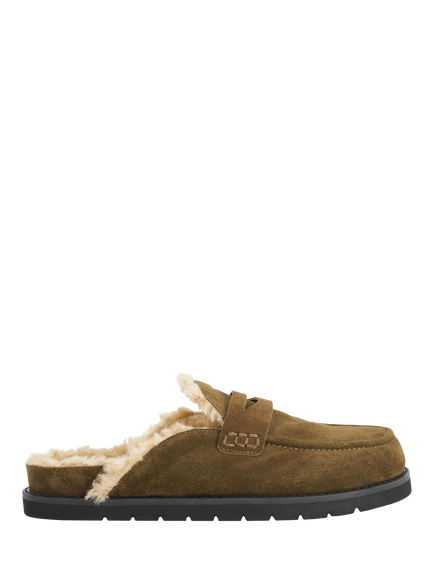 Dune London Goldy Suede Backless Faux Shearling Loafers, Khaki, Khaki