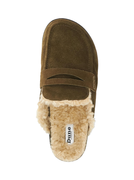 Dune London Goldy Suede Backless Faux Shearling Loafers, Khaki - view 2, Khaki