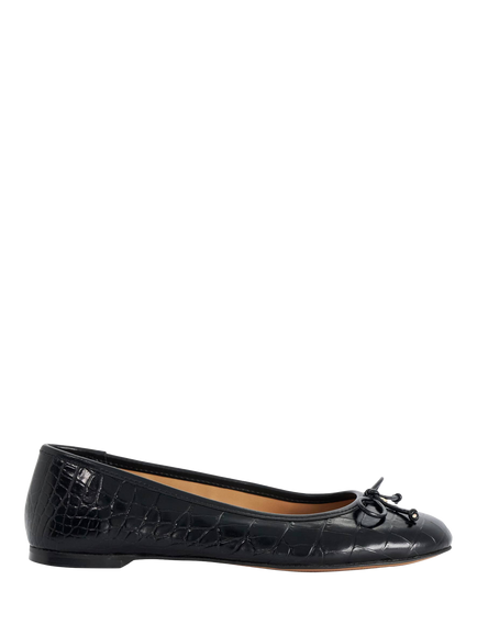 Dune London Helenne Wide Fit Croc Effect Leather Bow Detail Ballerina Pumps, Black