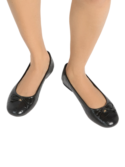 Dune London Helenne Wide Fit Croc Effect Leather Bow Detail Ballerina Pumps - view 2, Black