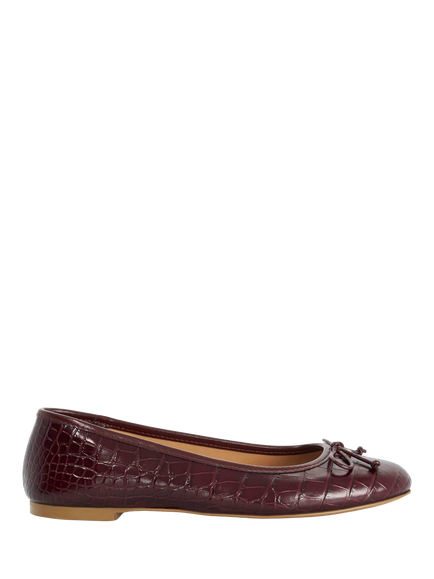 Dune London Helenne Wide Fit Croc Effect Leather Bow Detail Ballerina Pumps, Burgundy