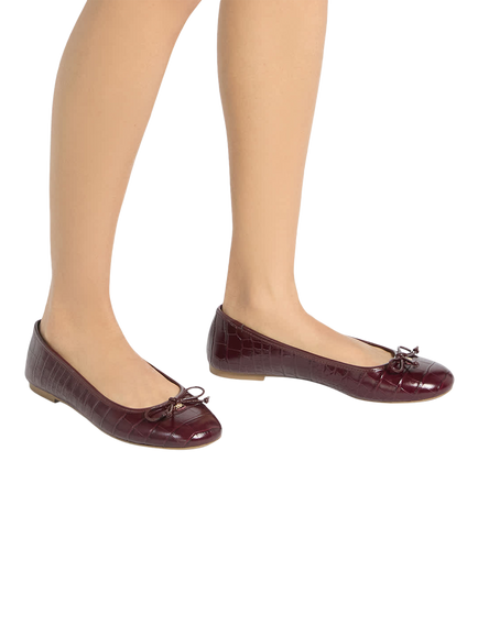 Dune London Helenne Wide Fit Croc Effect Leather Bow Detail Ballerina Pumps - view 2, Burgundy