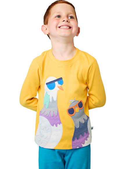 Frugi Kids' Pigeon Appliqué Top, Bumblebee/Multi, Bumblebee/Multi