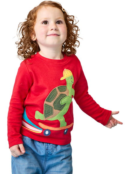 Frugi Kids' Turtle Appliqué Top, Scarlet/Multi, Scarlet/Multi