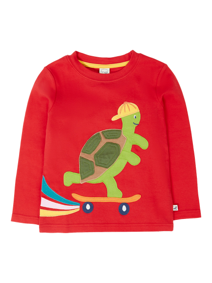 Frugi Kids' Turtle Appliqué Top, Scarlet/Multi - view 2, Scarlet/Multi