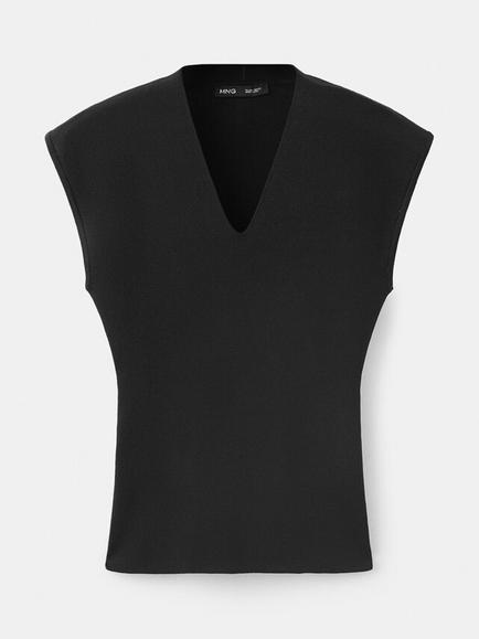 Mango Sculpted V-Neck Fine Knit Top, Black, Black