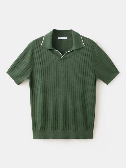Mango Orion Ribbed Linen Blend Short Sleeve Polo Shirt, Moss