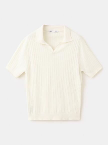 Mango Orion Ribbed Linen Blend Short Sleeve Polo Shirt, Off White