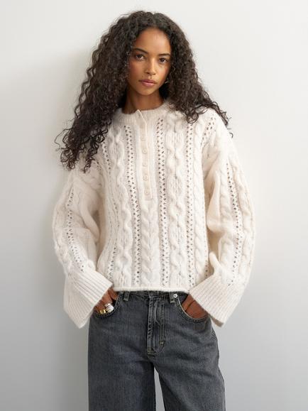 Topshop Easy Cable Knit Henley Jumper, Cream, Cream