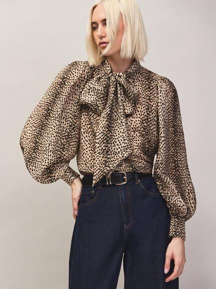 Ro&Zo Leopard Bow Detail Blouse, Natural, Natural