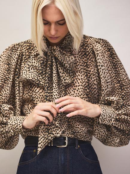 Ro&Zo Leopard Bow Detail Blouse, Natural - view 2, Natural