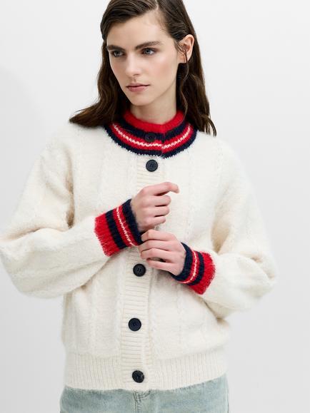 French Connection Kenley Brushed Contrast Trim Cardigan, Cream/Red/Navy, Cream/Red/Navy