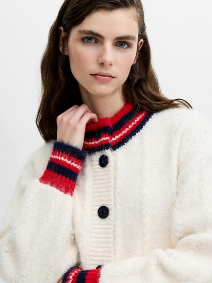 French Connection Kenley Brushed Contrast Trim Cardigan, Cream/Red/Navy - view 2, Cream/Red/Navy