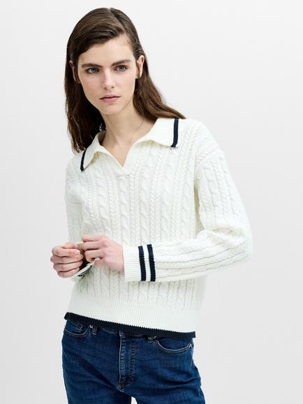 French Connection Klara Cable Knit Collared Jumper, Winter White/Navy, Winter White/Navy
