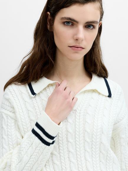 French Connection Klara Cable Knit Collared Jumper, Winter White/Navy - view 2, Winter White/Navy