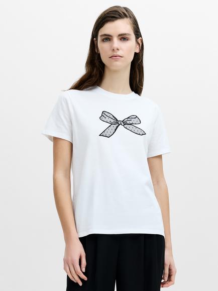 French Connection Mesh Bow Cotton T-Shirt, White/Black, White/Black