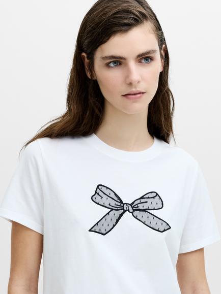 French Connection Mesh Bow Cotton T-Shirt, White/Black - view 2, White/Black