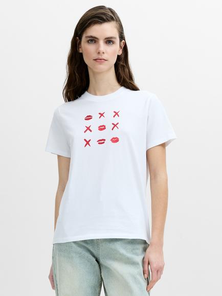French Connection Peached Cotton Noughts and Kisses Graphic T-Shirt, Linen White/Red, Linen White/Red