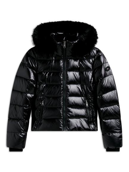 Tommy Hilfiger Shiny Down Faux Fur Hooded Fitted Jacket, Black, Black
