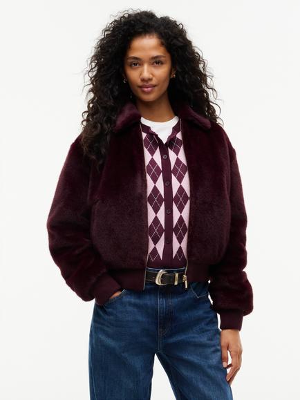 Tommy Hilfiger Faux Fur Relaxed Zip-Through Jacket, Mid Red, Mid Red