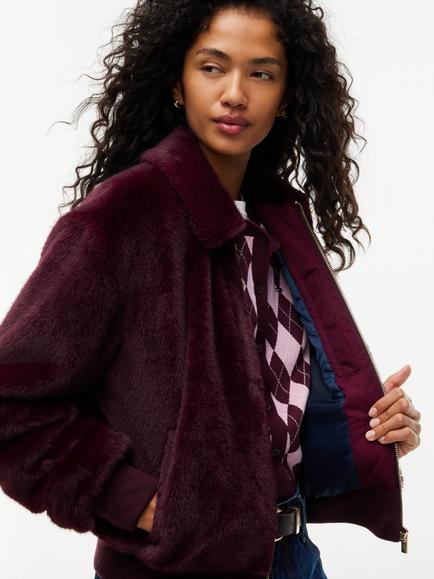 Tommy Hilfiger Faux Fur Relaxed Zip-Through Jacket, Mid Red - view 2, Mid Red